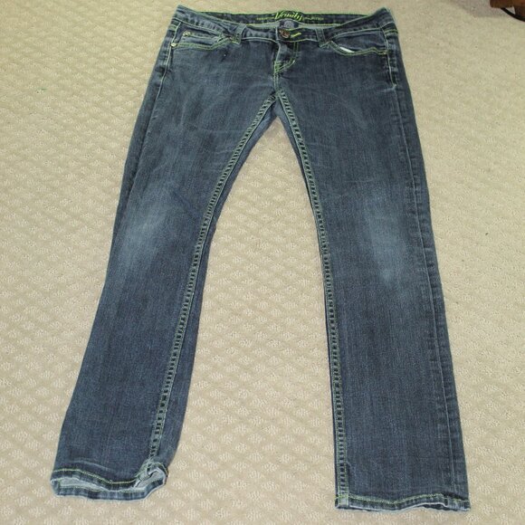VINTAGE Vanity Kennedy Wm 29x33 Low Rise Slim Leg Blue Jeans w Green Stitching - Picture 1 of 8